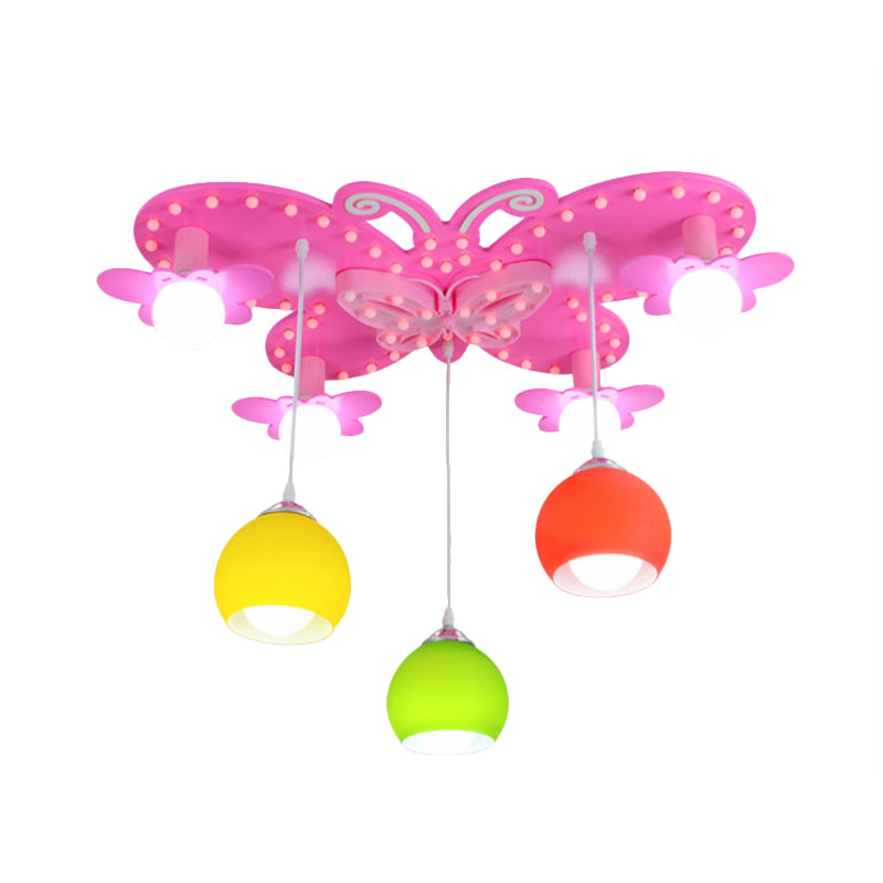 Colorful Glass Dome Flush Mount Lighting Kid 7 Heads Ceiling Mount Chandelier with Butterfly Canopy in Pink Clearhalo 'Ceiling Lights' 'Close To Ceiling Lights' 'Close to ceiling' 'Flush mount' Lighting' 760369