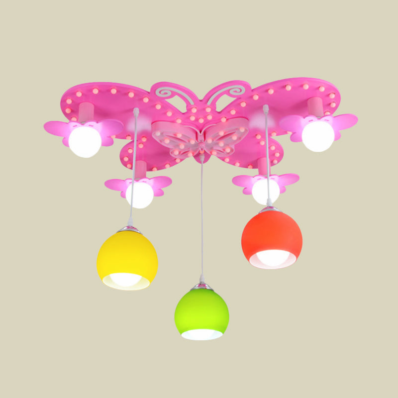 Colorful Glass Dome Flush Mount Lighting Kid 7 Heads Ceiling Mount Chandelier with Butterfly Canopy in Pink Clearhalo 'Ceiling Lights' 'Close To Ceiling Lights' 'Close to ceiling' 'Flush mount' Lighting' 760370