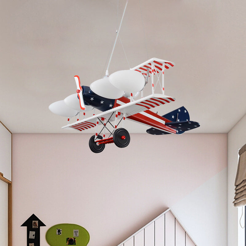 Red Striped Plane Pendant Chandelier Kids 5 Bulbs Metal Hanging Lamp Kit with Oval Opal Matte Glass Shade Clearhalo 'Ceiling Lights' 'Chandeliers' Lighting' options 760372