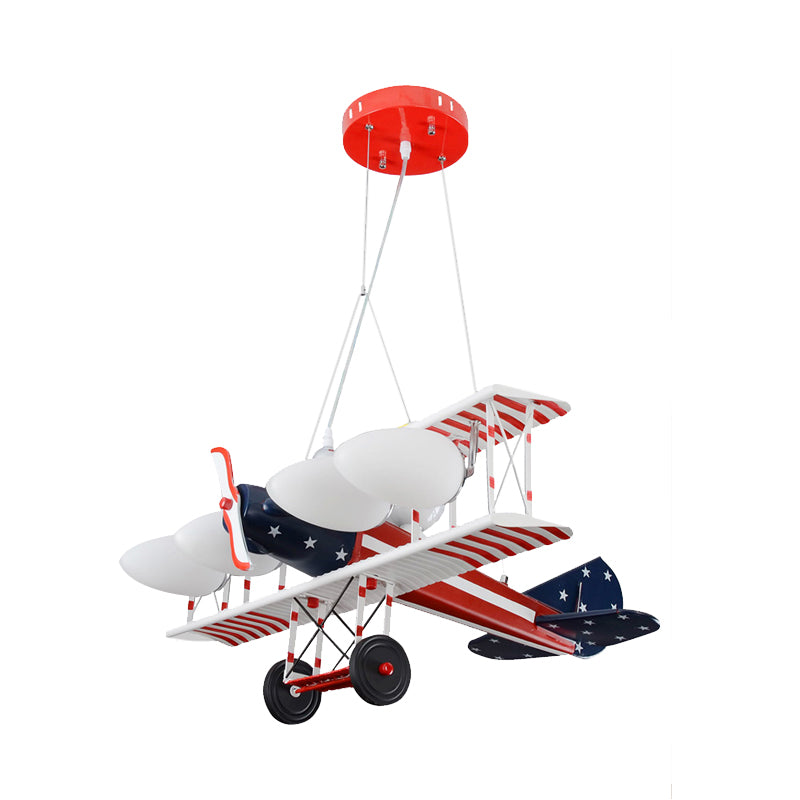 Red Striped Plane Pendant Chandelier Kids 5 Bulbs Metal Hanging Lamp Kit with Oval Opal Matte Glass Shade Clearhalo 'Ceiling Lights' 'Chandeliers' Lighting' options 760373