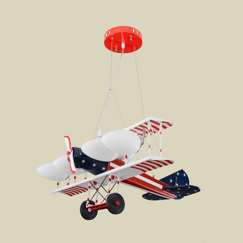 Red Striped Plane Pendant Chandelier Kids 5 Bulbs Metal Hanging Lamp Kit with Oval Opal Matte Glass Shade Clearhalo 'Ceiling Lights' 'Chandeliers' Lighting' options 760374