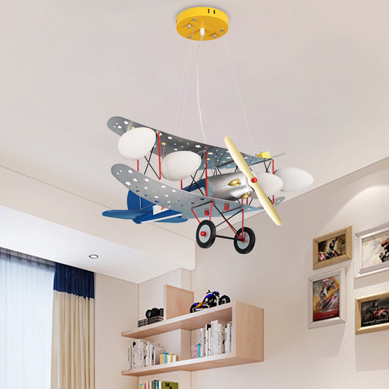 Iron Fighter Aircraft Hanging Light Kid 4-Bulb Blue Chandelier Lamp with Oval Ivory Glass Shade Clearhalo 'Ceiling Lights' 'Chandeliers' Lighting' options 760384