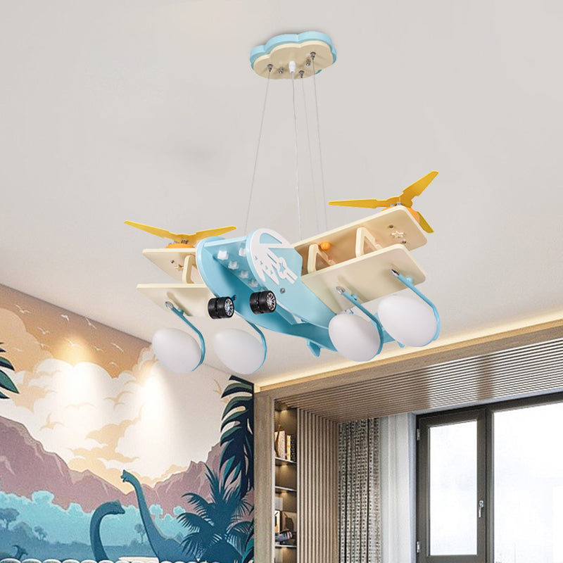 Kids Bomber Plane Wood Drop Lamp 4 Heads Chandelier Pendant Light in Light-Blue with Bomb White Glass Shade Clearhalo 'Ceiling Lights' 'Chandeliers' Lighting' options 760388