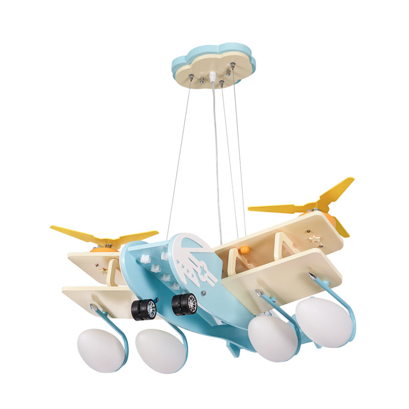 Kids Bomber Plane Wood Drop Lamp 4 Heads Chandelier Pendant Light in Light-Blue with Bomb White Glass Shade Clearhalo 'Ceiling Lights' 'Chandeliers' Lighting' options 760389