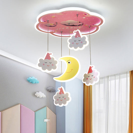 Pink Flower Flushmount Lighting Cartoon Acrylic LED Flush Mount Ceiling Fixture with Sleeping Cloud and Moon Drape Pink Clearhalo 'Ceiling Lights' 'Close To Ceiling Lights' 'Close to ceiling' 'Flush mount' Lighting' 760391