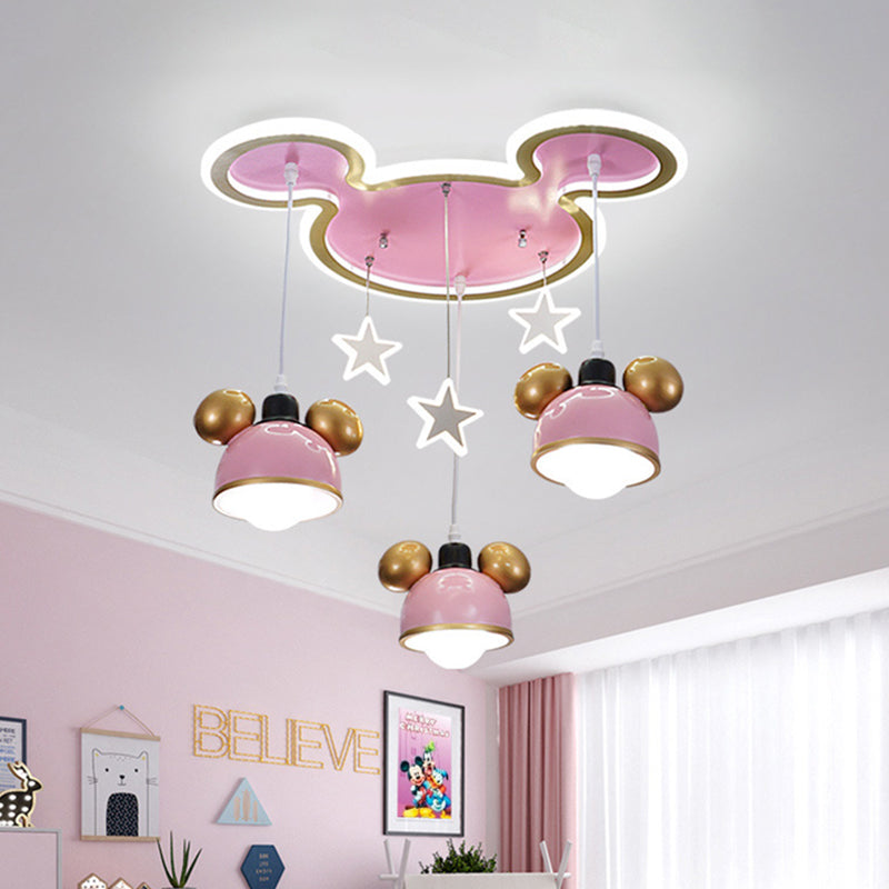 Resin Bear Head Flush Mounted Lamp Kids 3 Heads Pink and Brass Ceiling Fixture with Suspended Lampshade Clearhalo 'Ceiling Lights' 'Close To Ceiling Lights' 'Close to ceiling' 'Flush mount' Lighting' 760396