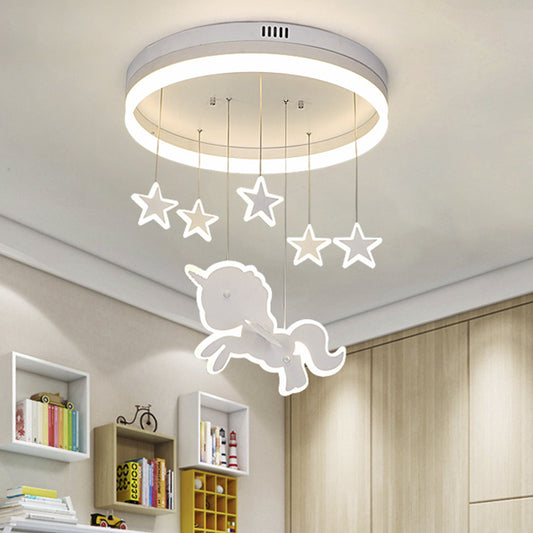 Circular Acrylic Ceiling Mount Lamp Cartoon White LED Flush Mount Lighting Fixture with Star and Unicorn Drape White Clearhalo 'Ceiling Lights' 'Close To Ceiling Lights' 'Close to ceiling' 'Flush mount' Lighting' 760411