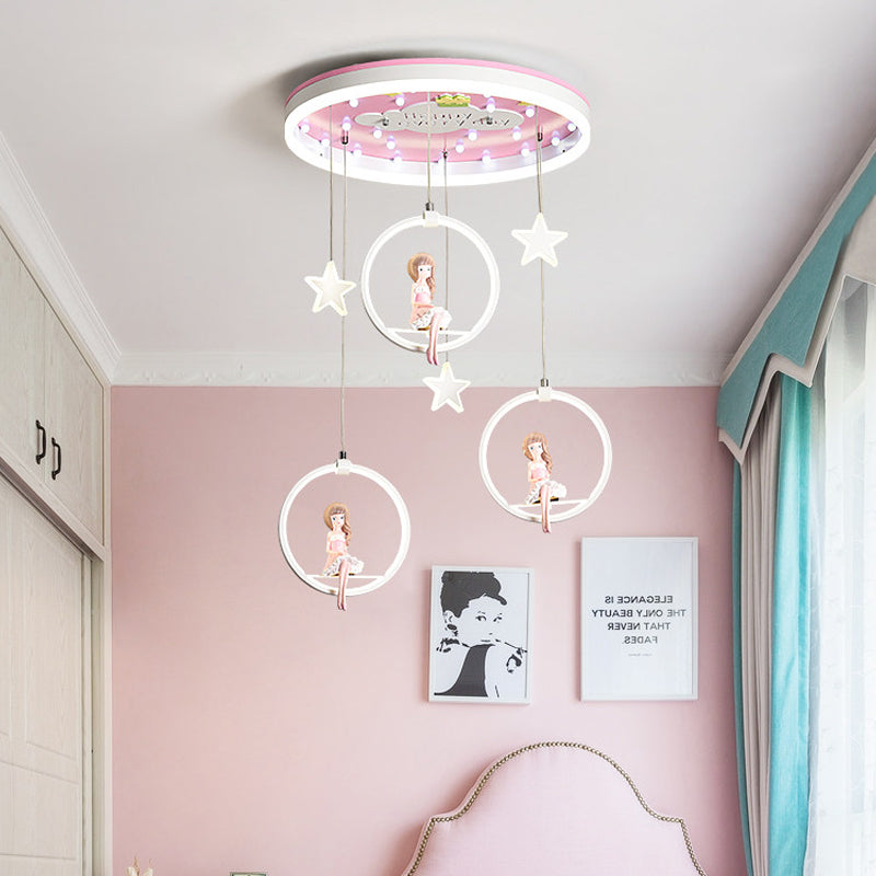 Pink/Blue Circle Flush Mount Lamp Kids Metal LED Ceiling Light Fixture with Suspended Princess/Astronaut Pink Clearhalo 'Ceiling Lights' 'Close To Ceiling Lights' 'Close to ceiling' 'Flush mount' Lighting' 760415