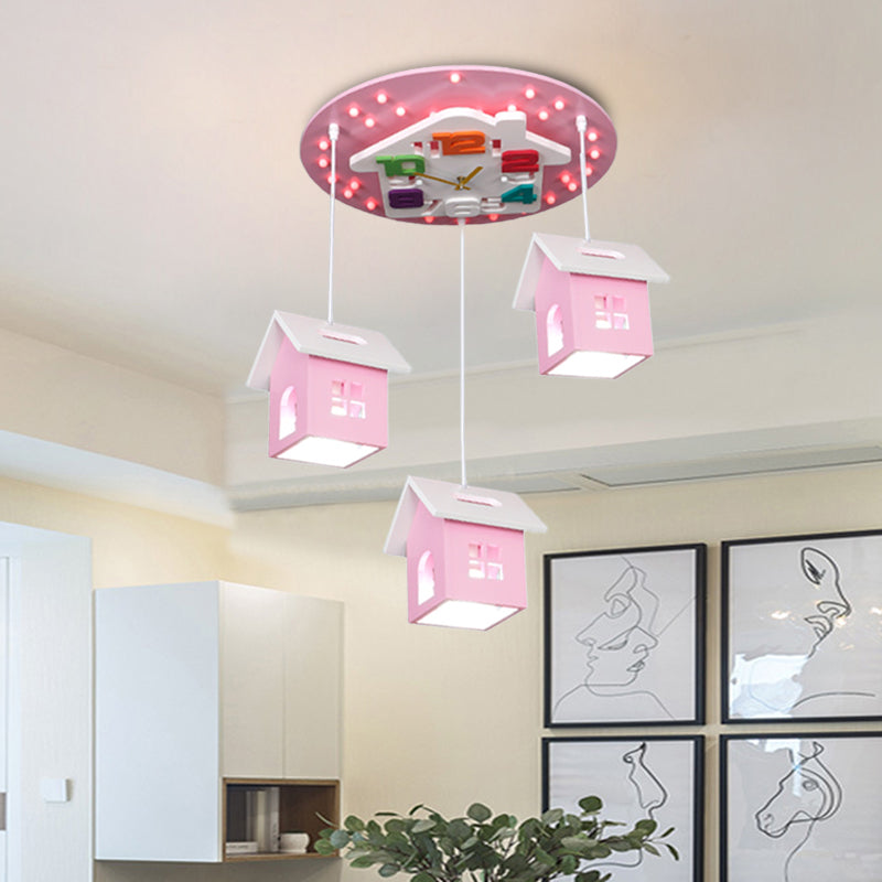 Wood Draping House Ceiling Light Cartoon 3 Bulbs LED Flush-Mount Light Fixture in Pink/Blue Pink Clearhalo 'Ceiling Lights' 'Close To Ceiling Lights' 'Close to ceiling' 'Flush mount' Lighting' 760436