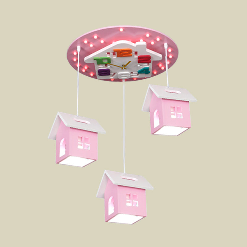 Wood Draping House Ceiling Light Cartoon 3 Bulbs LED Flush-Mount Light Fixture in Pink/Blue Clearhalo 'Ceiling Lights' 'Close To Ceiling Lights' 'Close to ceiling' 'Flush mount' Lighting' 760438