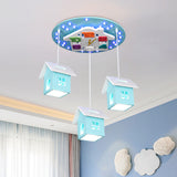 Wood Draping House Ceiling Light Cartoon 3 Bulbs LED Flush-Mount Light Fixture in Pink/Blue Blue Clearhalo 'Ceiling Lights' 'Close To Ceiling Lights' 'Close to ceiling' 'Flush mount' Lighting' 760440