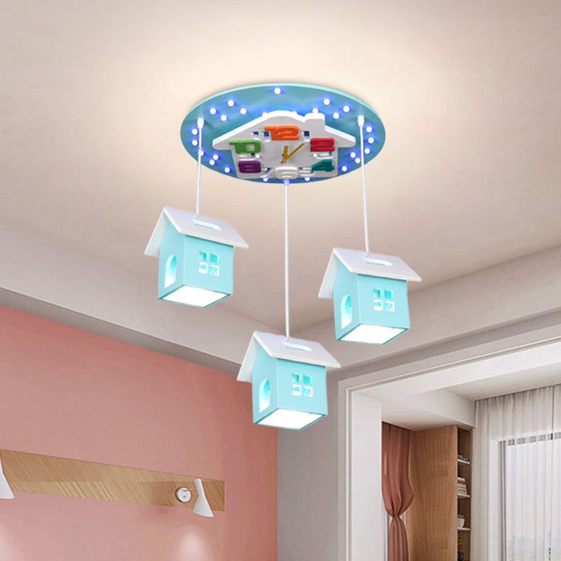 Wood Draping House Ceiling Light Cartoon 3 Bulbs LED Flush-Mount Light Fixture in Pink/Blue Clearhalo 'Ceiling Lights' 'Close To Ceiling Lights' 'Close to ceiling' 'Flush mount' Lighting' 760441