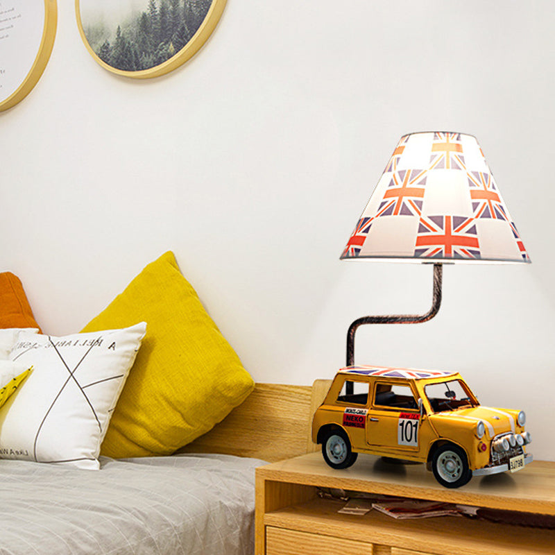 Kids Jeep Car Iron Nightstand Lamp 1 Head Table Light in Yellow/Blue with Cross Fabric Empire Shade Clearhalo 'Lamps' 'Table Lamps' Lighting' 760493