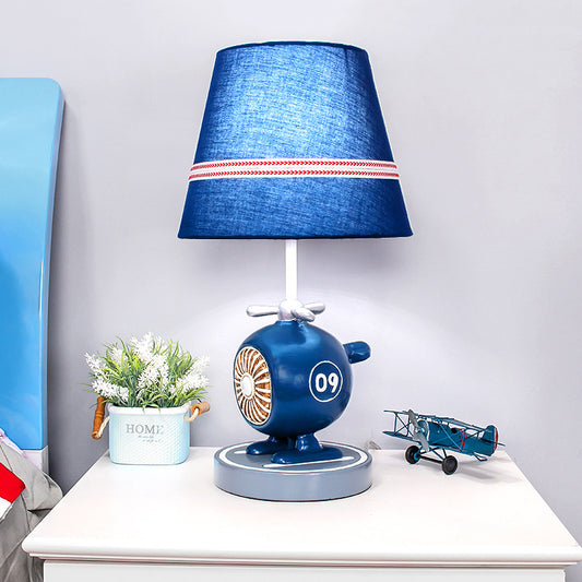 Cute Helicopter Boy's Bedroom Table Lamp Resin 1-Light Kids Nightstand Light with Striped Fabric Shade in Blue Blue Clearhalo 'Lamps' 'Table Lamps' Lighting' 760500