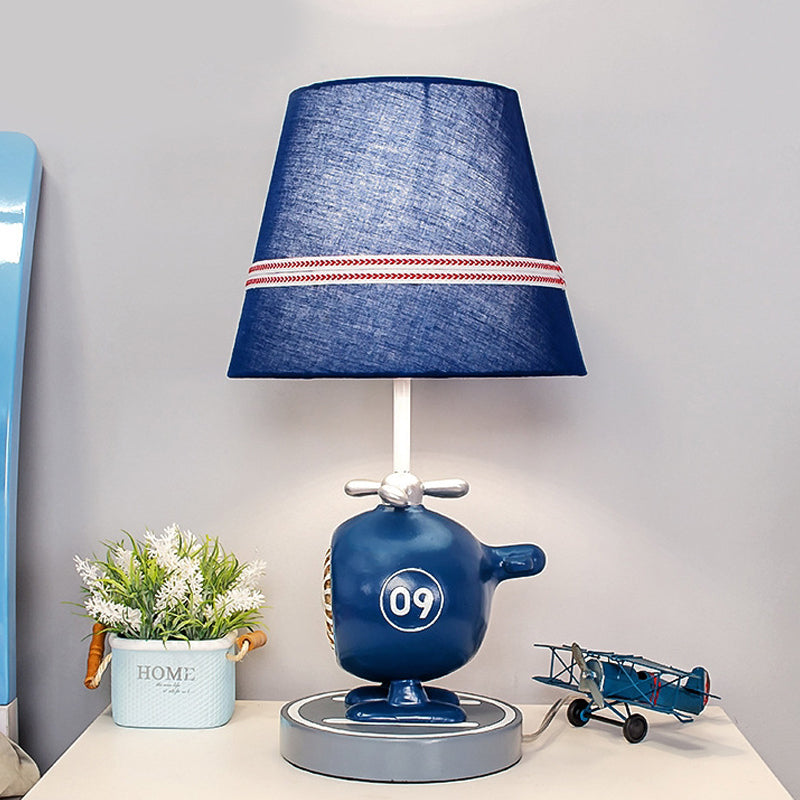 Cute Helicopter Boy's Bedroom Table Lamp Resin 1-Light Kids Nightstand Light with Striped Fabric Shade in Blue Clearhalo 'Lamps' 'Table Lamps' Lighting' 760501