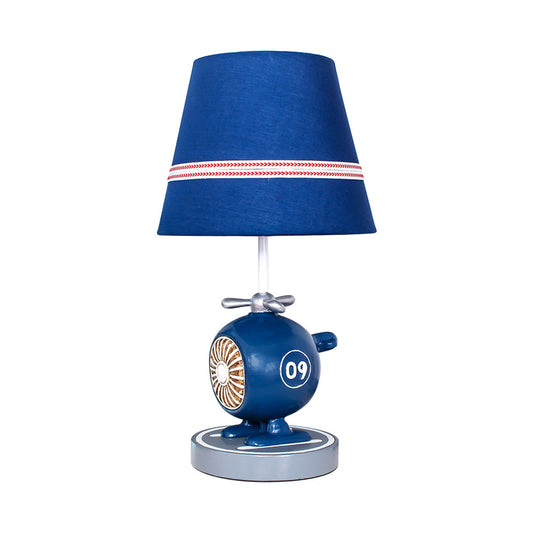 Cute Helicopter Boy's Bedroom Table Lamp Resin 1-Light Kids Nightstand Light with Striped Fabric Shade in Blue Clearhalo 'Lamps' 'Table Lamps' Lighting' 760502