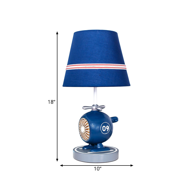 Cute Helicopter Boy's Bedroom Table Lamp Resin 1-Light Kids Nightstand Light with Striped Fabric Shade in Blue Clearhalo 'Lamps' 'Table Lamps' Lighting' 760503