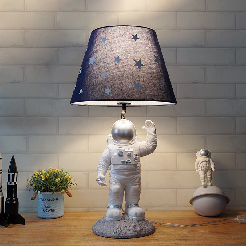 Blue Empire Shade Night Lamp Kids Single Star Patterned Fabric Table Lighting with Carved Spaceman Base, 10"/13" Wide Blue 13" Clearhalo 'Lamps' 'Table Lamps' Lighting' 760504