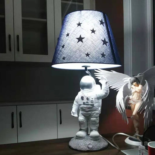 Blue Empire Shade Night Lamp Kids Single Star Patterned Fabric Table Lighting with Carved Spaceman Base, 10"/13" Wide Clearhalo 'Lamps' 'Table Lamps' Lighting' 760505