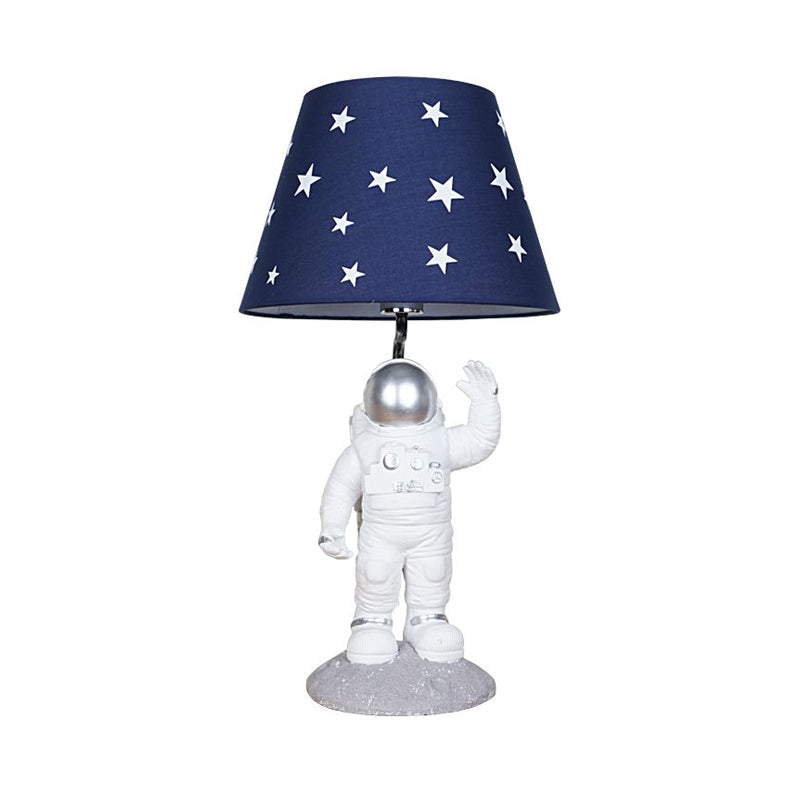 Blue Empire Shade Night Lamp Kids Single Star Patterned Fabric Table Lighting with Carved Spaceman Base, 10"/13" Wide Clearhalo 'Lamps' 'Table Lamps' Lighting' 760506