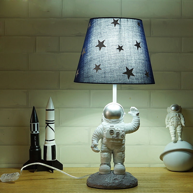 Blue Empire Shade Night Lamp Kids Single Star Patterned Fabric Table Lighting with Carved Spaceman Base, 10"/13" Wide Blue 10" Clearhalo 'Lamps' 'Table Lamps' Lighting' 760508