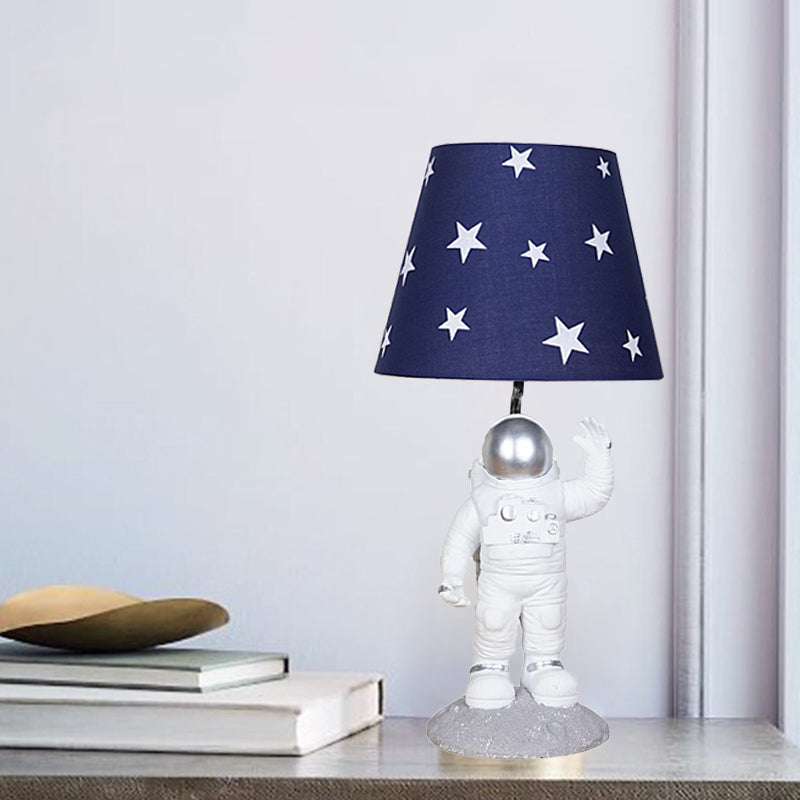 Blue Empire Shade Night Lamp Kids Single Star Patterned Fabric Table Lighting with Carved Spaceman Base, 10"/13" Wide Clearhalo 'Lamps' 'Table Lamps' Lighting' 760509