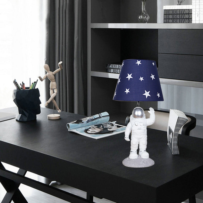 Blue Empire Shade Night Lamp Kids Single Star Patterned Fabric Table Lighting with Carved Spaceman Base, 10"/13" Wide Clearhalo 'Lamps' 'Table Lamps' Lighting' 760510