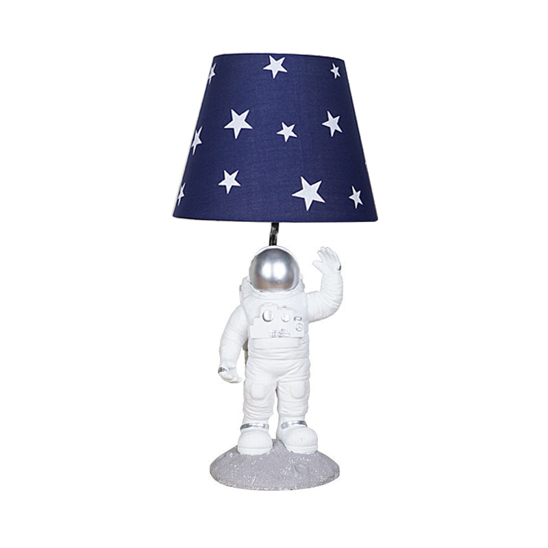 Blue Empire Shade Night Lamp Kids Single Star Patterned Fabric Table Lighting with Carved Spaceman Base, 10"/13" Wide Clearhalo 'Lamps' 'Table Lamps' Lighting' 760511