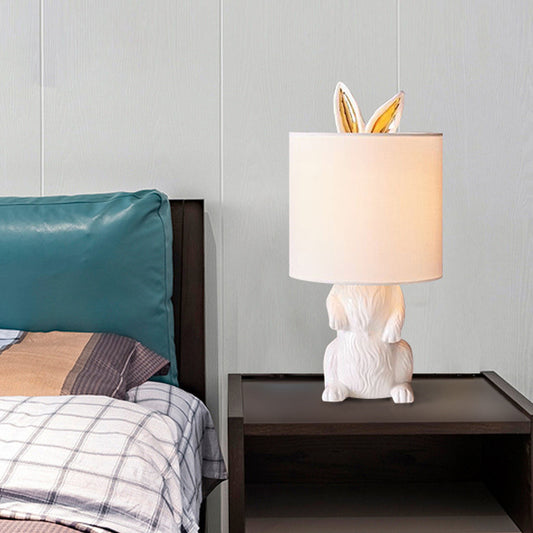 Kids Creative Rabbit Night Light Resin 1 Head Bedside Table Lamp in White with Barrel Fabric Lampshade White Clearhalo 'Lamps' 'Table Lamps' Lighting' 760513