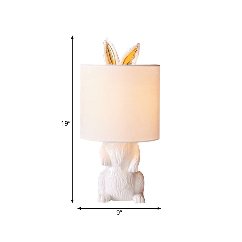 Kids Creative Rabbit Night Light Resin 1 Head Bedside Table Lamp in White with Barrel Fabric Lampshade Clearhalo 'Lamps' 'Table Lamps' Lighting' 760516