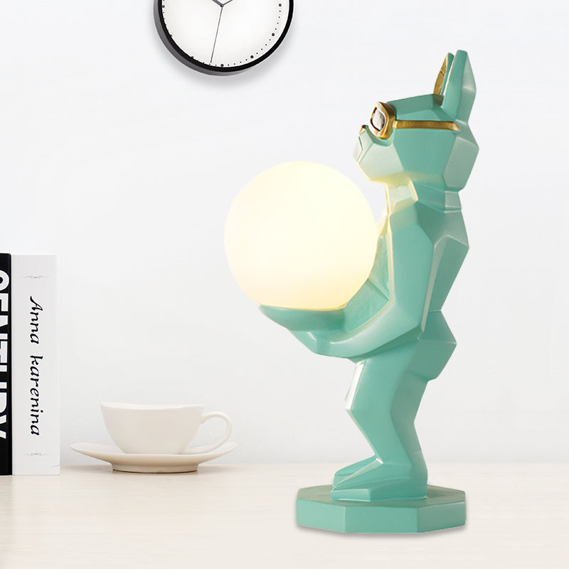 Cartoon Dog/Rabbit/Unicorn Night Light Resin LED Bedroom Table Lamp in Pink/Black/Grey with Globe Opal Glass Shade Blue-Green Dog Clearhalo 'Lamps' 'Table Lamps' Lighting' 760558