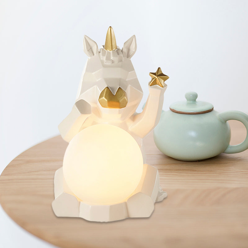 Cartoon Dog/Rabbit/Unicorn Night Light Resin LED Bedroom Table Lamp in Pink/Black/Grey with Globe Opal Glass Shade White Unicorn Clearhalo 'Lamps' 'Table Lamps' Lighting' 760571