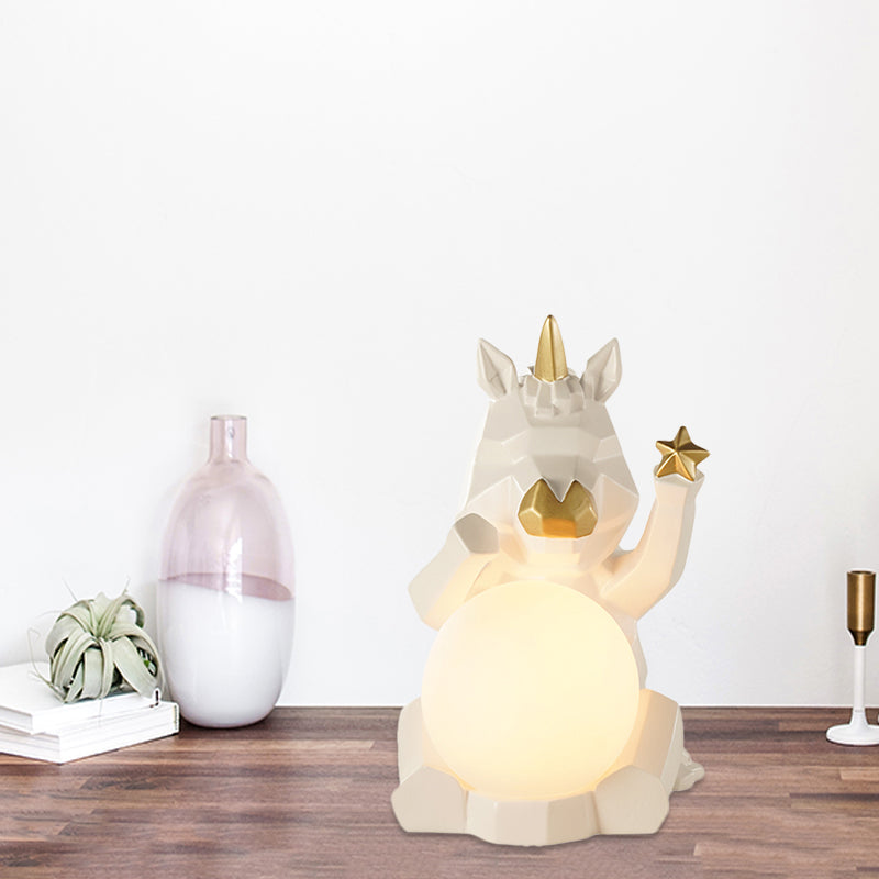 Cartoon Dog/Rabbit/Unicorn Night Light Resin LED Bedroom Table Lamp in Pink/Black/Grey with Globe Opal Glass Shade Clearhalo 'Lamps' 'Table Lamps' Lighting' 760573