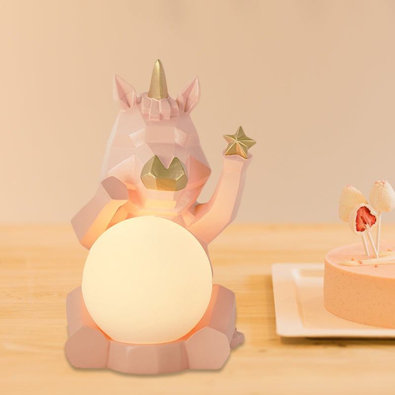 Cartoon Dog/Rabbit/Unicorn Night Light Resin LED Bedroom Table Lamp in Pink/Black/Grey with Globe Opal Glass Shade Pink Unicorn Clearhalo 'Lamps' 'Table Lamps' Lighting' 760575