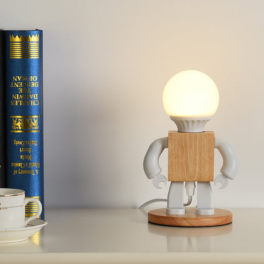 Metal Robot Shape Nightstand Light Cartoon 1 Light White and Wood Night Table Lamp for Bedside White Clearhalo 'Lamps' 'Table Lamps' Lighting' 760579