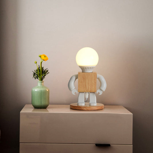Metal Robot Shape Nightstand Light Cartoon 1 Light White and Wood Night Table Lamp for Bedside Clearhalo 'Lamps' 'Table Lamps' Lighting' 760580