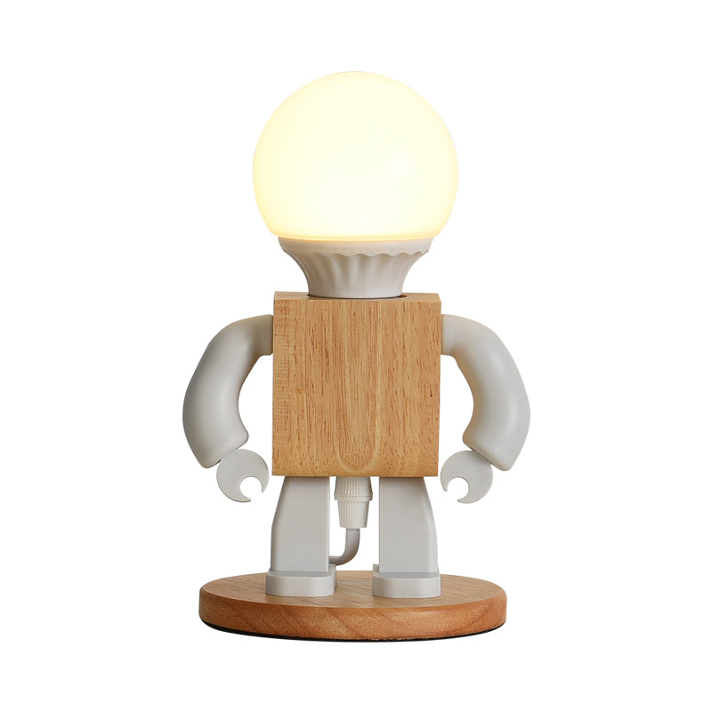 Metal Robot Shape Nightstand Light Cartoon 1 Light White and Wood Night Table Lamp for Bedside Clearhalo 'Lamps' 'Table Lamps' Lighting' 760581