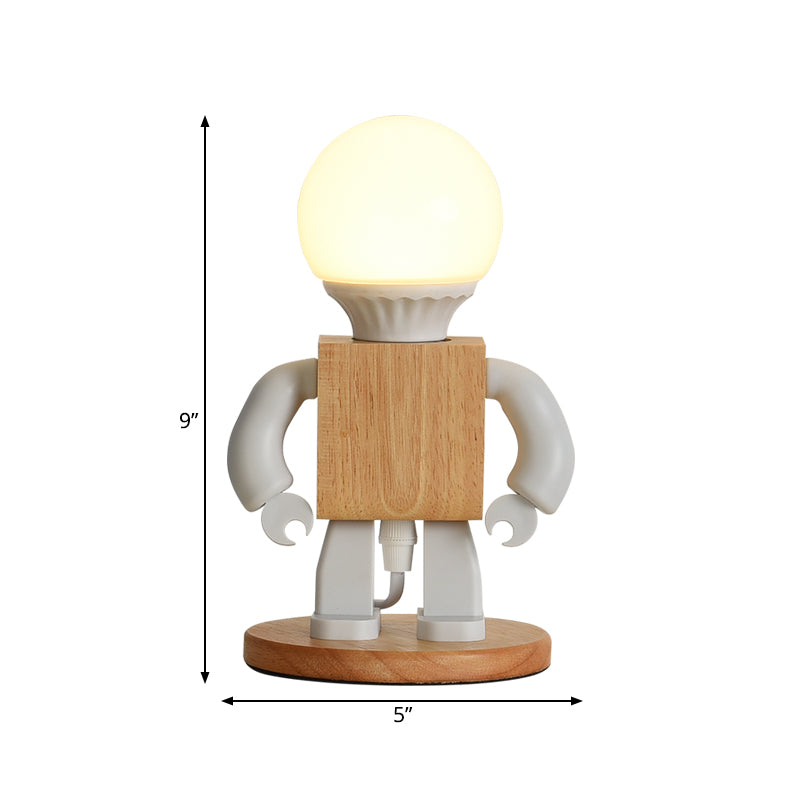 Metal Robot Shape Nightstand Light Cartoon 1 Light White and Wood Night Table Lamp for Bedside Clearhalo 'Lamps' 'Table Lamps' Lighting' 760582