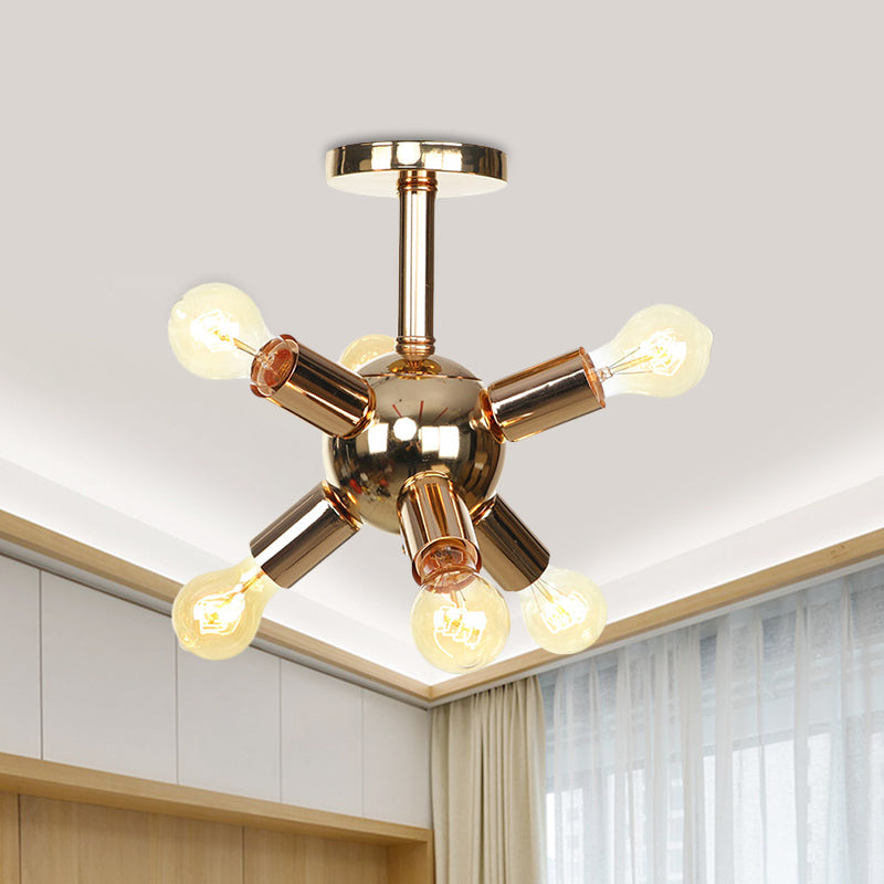 Chrome/Gold Sputnik Semi Flush Mount Vintage Iron 6/9/12 Lights Restaurant Flush Ceiling Lamp Fixture 6 Gold Clearhalo 'Ceiling Lights' 'Close To Ceiling Lights' 'Close to ceiling' 'Semi-flushmount' Lighting' 760677