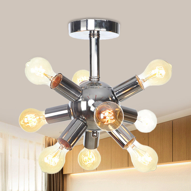 Chrome/Gold Sputnik Semi Flush Mount Vintage Iron 6/9/12 Lights Restaurant Flush Ceiling Lamp Fixture 9 Chrome Clearhalo 'Ceiling Lights' 'Close To Ceiling Lights' 'Close to ceiling' 'Semi-flushmount' Lighting' 760700