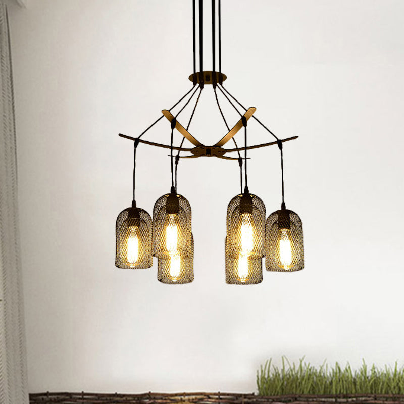 Bell Mesh Restaurant Chandelier Lighting Rustic Iron 6/12 Bulbs Black Hanging Ceiling Lamp 6 Black Clearhalo 'Cast Iron' 'Ceiling Lights' 'Chandeliers' 'Industrial Chandeliers' 'Industrial' 'Metal' 'Middle Century Chandeliers' 'Rustic Chandeliers' 'Tiffany' Lighting' 760753