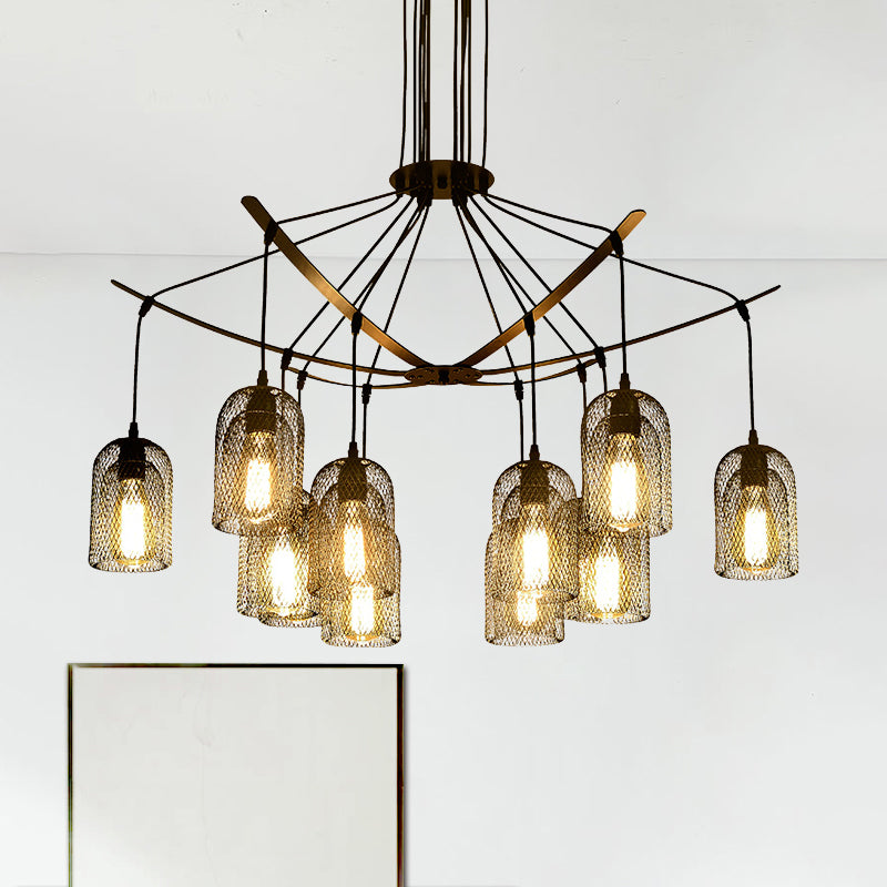 Bell Mesh Restaurant Chandelier Lighting Rustic Iron 6/12 Bulbs Black Hanging Ceiling Lamp 12 Black Clearhalo 'Cast Iron' 'Ceiling Lights' 'Chandeliers' 'Industrial Chandeliers' 'Industrial' 'Metal' 'Middle Century Chandeliers' 'Rustic Chandeliers' 'Tiffany' Lighting' 760757