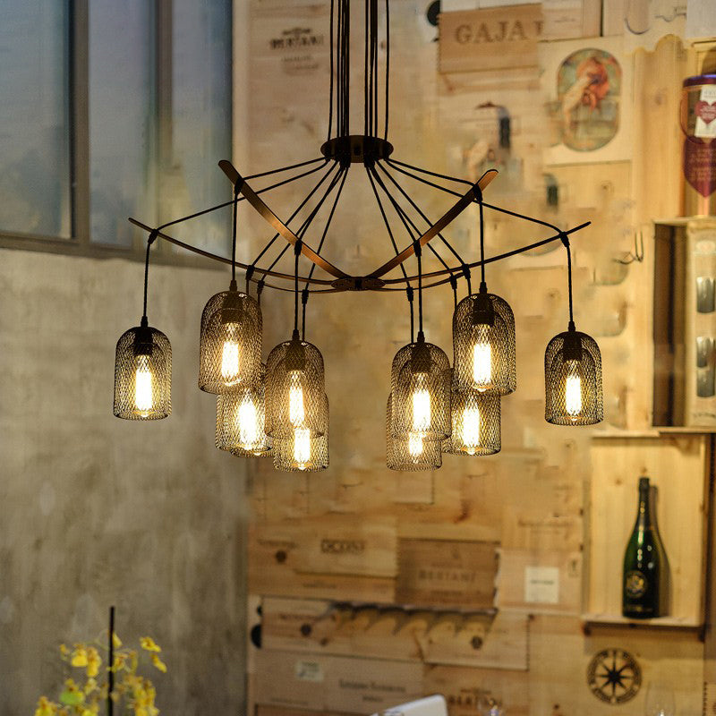 Bell Mesh Restaurant Chandelier Lighting Rustic Iron 6/12 Bulbs Black Hanging Ceiling Lamp Clearhalo 'Cast Iron' 'Ceiling Lights' 'Chandeliers' 'Industrial Chandeliers' 'Industrial' 'Metal' 'Middle Century Chandeliers' 'Rustic Chandeliers' 'Tiffany' Lighting' 760758