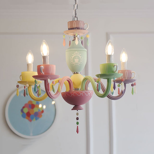 Glass Candle Hanging Light with Cup Deco Modern Style Multi-Color Chandelier for Kindergarten 5 Green-Yellow-Pink Clearhalo 'Ceiling Lights' 'Chandeliers' Lighting' options 76075_6eaed4d7-8ddf-4927-a5ef-53c6c2433bd7