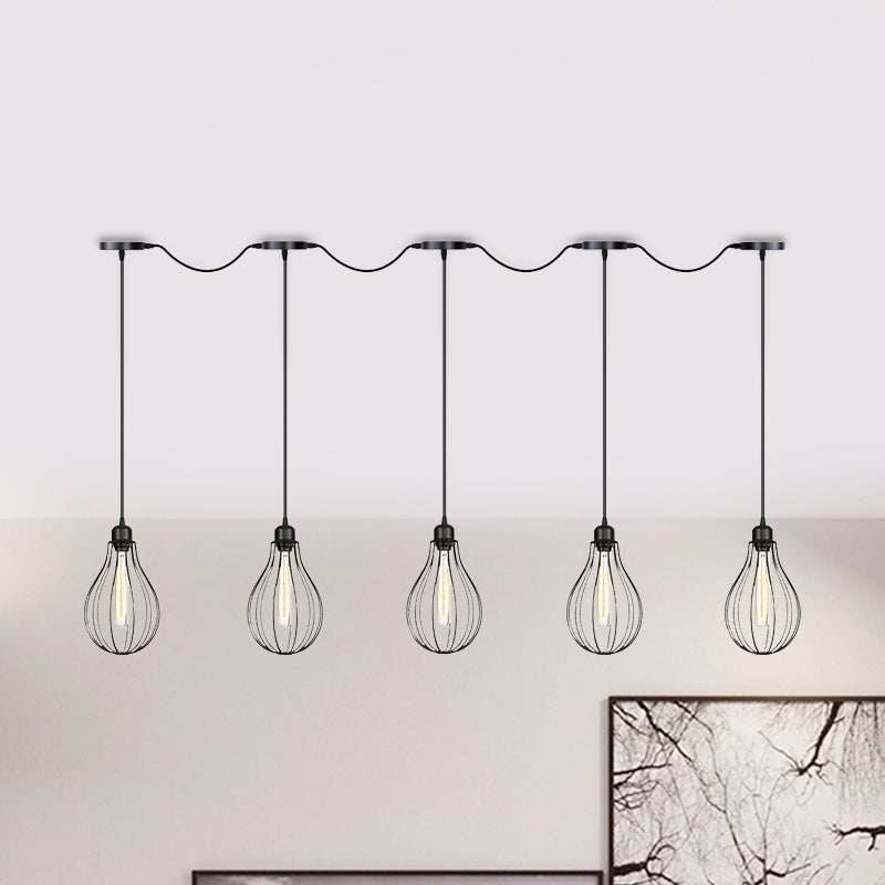 3/5/7-Bulb Multi Light Pendant Chandelier Industrial Pear Cage Iron Hanging Light Kit in Black Clearhalo 'Art Deco Pendants' 'Black' 'Cast Iron' 'Ceiling Lights' 'Ceramic' 'Crystal' 'Industrial Pendants' 'Industrial' 'Metal' 'Middle Century Pendants' 'Pendant Lights' 'Pendants' 'Rustic Pendants' 'Tiffany' Lighting' 760767