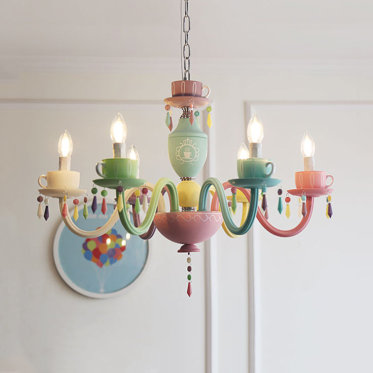 Glass Candle Hanging Light with Cup Deco Modern Style Multi-Color Chandelier for Kindergarten 6 Green-Yellow-Pink Clearhalo 'Ceiling Lights' 'Chandeliers' Lighting' options 76078_2a2fef25-c4f6-460a-ac90-80d881e71bf3