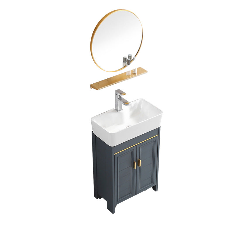 Glam Single Bathroom Vanity Blue Ceramic Top Rectangular Bath Vanity Vanity & Faucet & Round Mirror 22"L x 12"W x 32"H Clearhalo 'Bathroom Remodel & Bathroom Fixtures' 'Bathroom Vanities' 'bathroom_vanities' 'Home Improvement' 'home_improvement' 'home_improvement_bathroom_vanities' 7610790