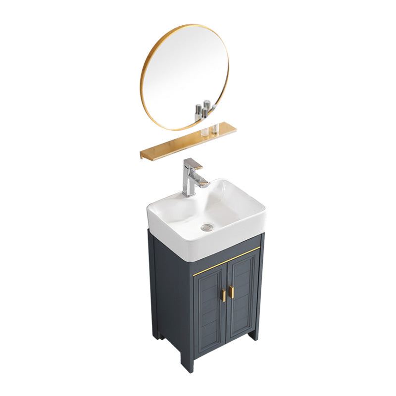 Glam Single Bathroom Vanity Blue Ceramic Top Rectangular Bath Vanity Vanity & Faucet & Round Mirror 19"L x 15"W x 32"H Clearhalo 'Bathroom Remodel & Bathroom Fixtures' 'Bathroom Vanities' 'bathroom_vanities' 'Home Improvement' 'home_improvement' 'home_improvement_bathroom_vanities' 7610792