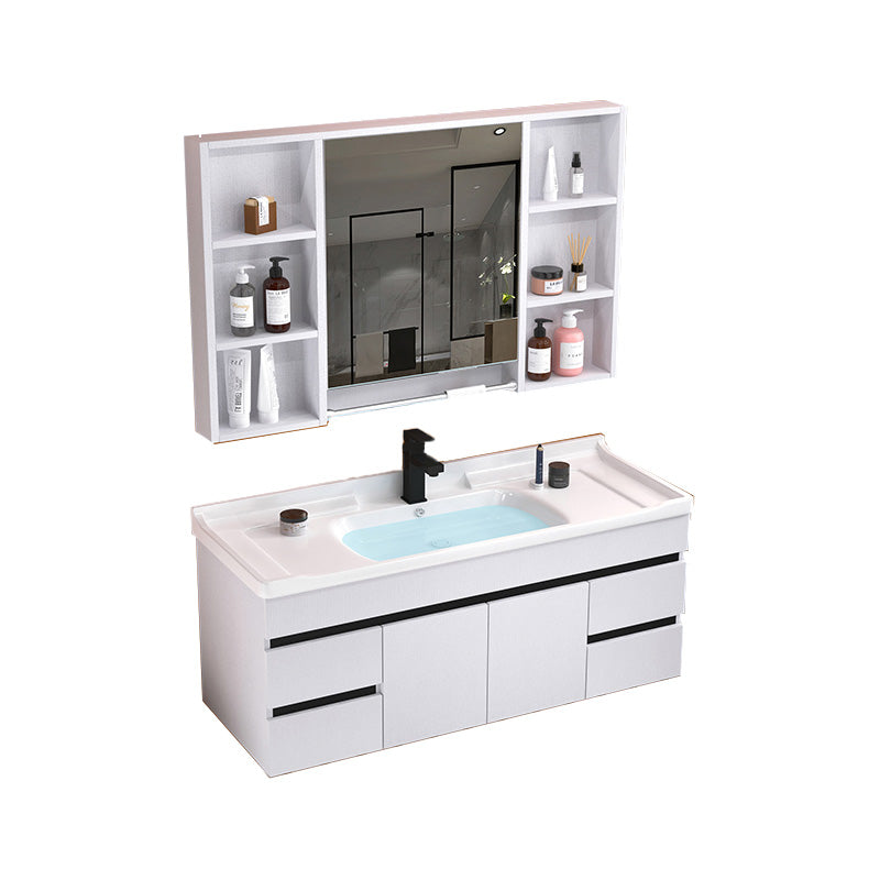Modern Sink Vanity White Ceramic Top Oval Single-Sink Bath Vanity Vanity & Faucet & Mirror Cabinet 44"L x 19"W x 19"H White Clearhalo 'Bathroom Remodel & Bathroom Fixtures' 'Bathroom Vanities' 'bathroom_vanities' 'Home Improvement' 'home_improvement' 'home_improvement_bathroom_vanities' 7610814