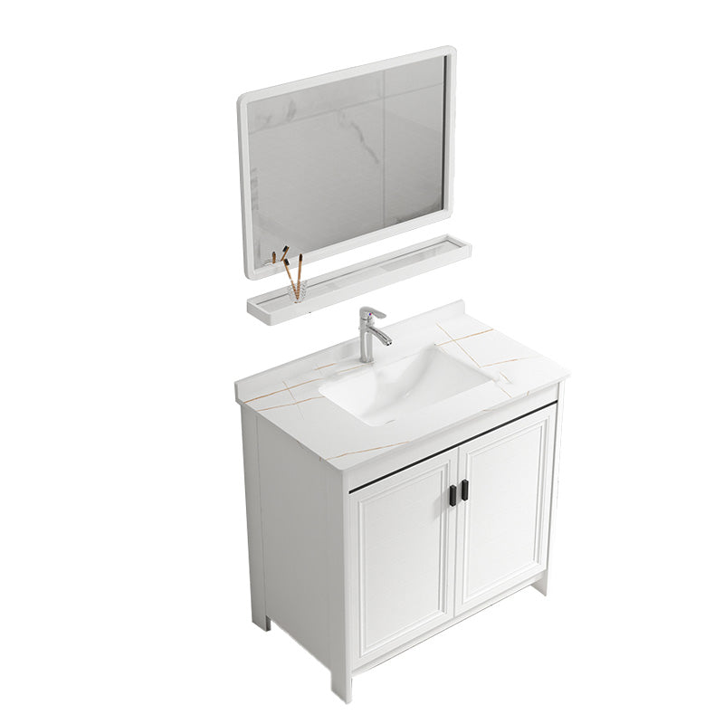 Rectangular Modern Bathroom Vanity White Stone Single Freestanding Vanity Set Vanity & Faucet & Mirrors 32"L x 19"W x 32"H Towel Bar Not Included Clearhalo 'Bathroom Remodel & Bathroom Fixtures' 'Bathroom Vanities' 'bathroom_vanities' 'Home Improvement' 'home_improvement' 'home_improvement_bathroom_vanities' 7610955